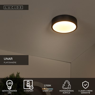 Lucide UNAR - Plafonnière - Ø 20 cm - LED 3 StepDim - 1x12W 2700K - Zwart